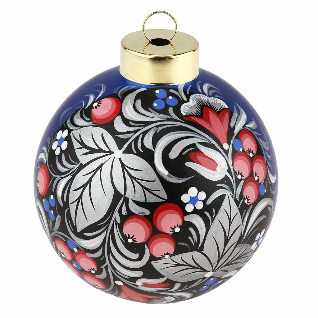 Елочная игрушка шар стеклянная "Хохлома" д9,5см, синий металлик, ручная художественная роспись, подарочная упаковка