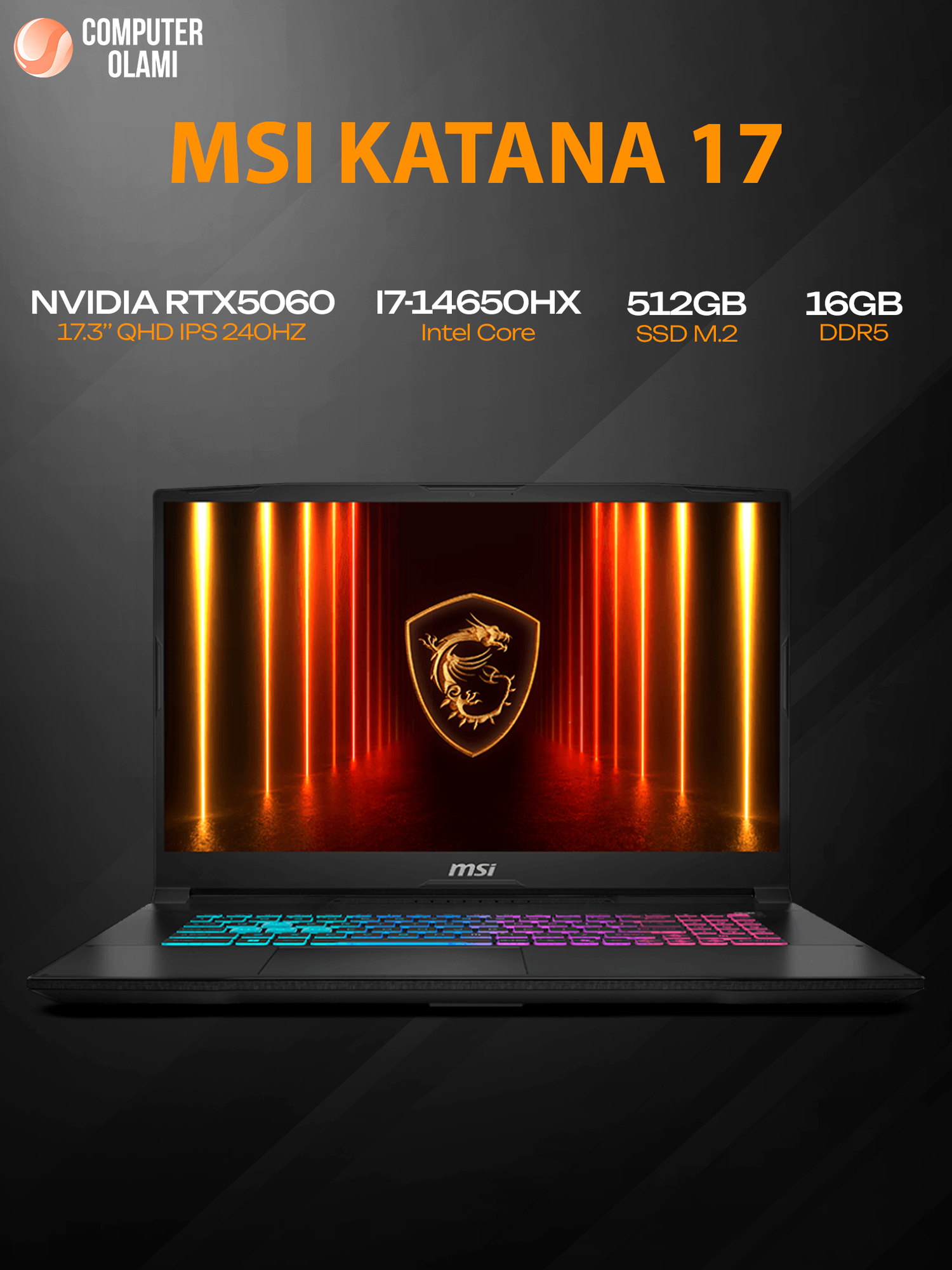 MSI Katana 17 игровой ноутбук — i7-14650HX, 16GB RAM, 512GB SSD, RTX 5060 8GB, 17.3″ QHD 240Hz, Windows 11