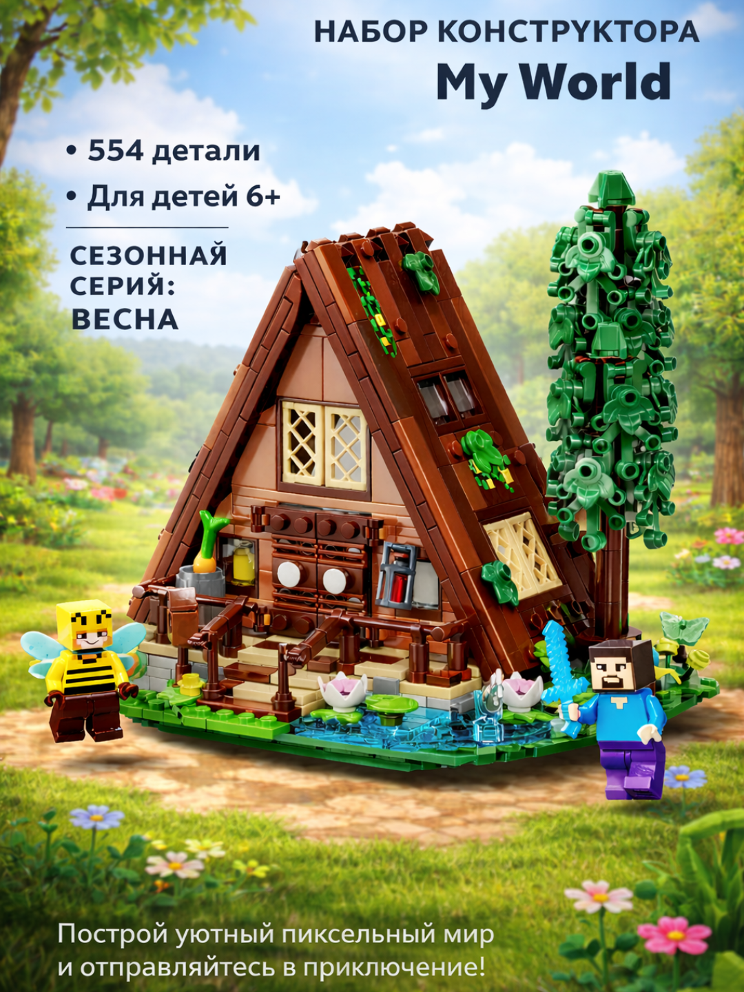 Детский конструктор Minecraft в стиле пиксельного мира, домик с фигурками, деревом и аксессуарами 554 детали, 6+