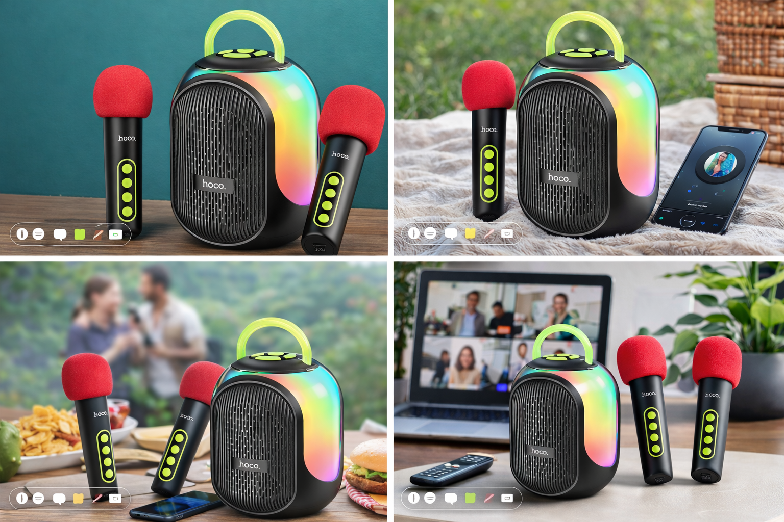 Hoco премиумПортативная Bluetooth колонка с двумя беспроводными микрофонами. Поддержка Bluetooth, TF-карты и AUX. LED-подсветка, встроенный аккумулятор. Подходит для караоке и прослушивания музыки.