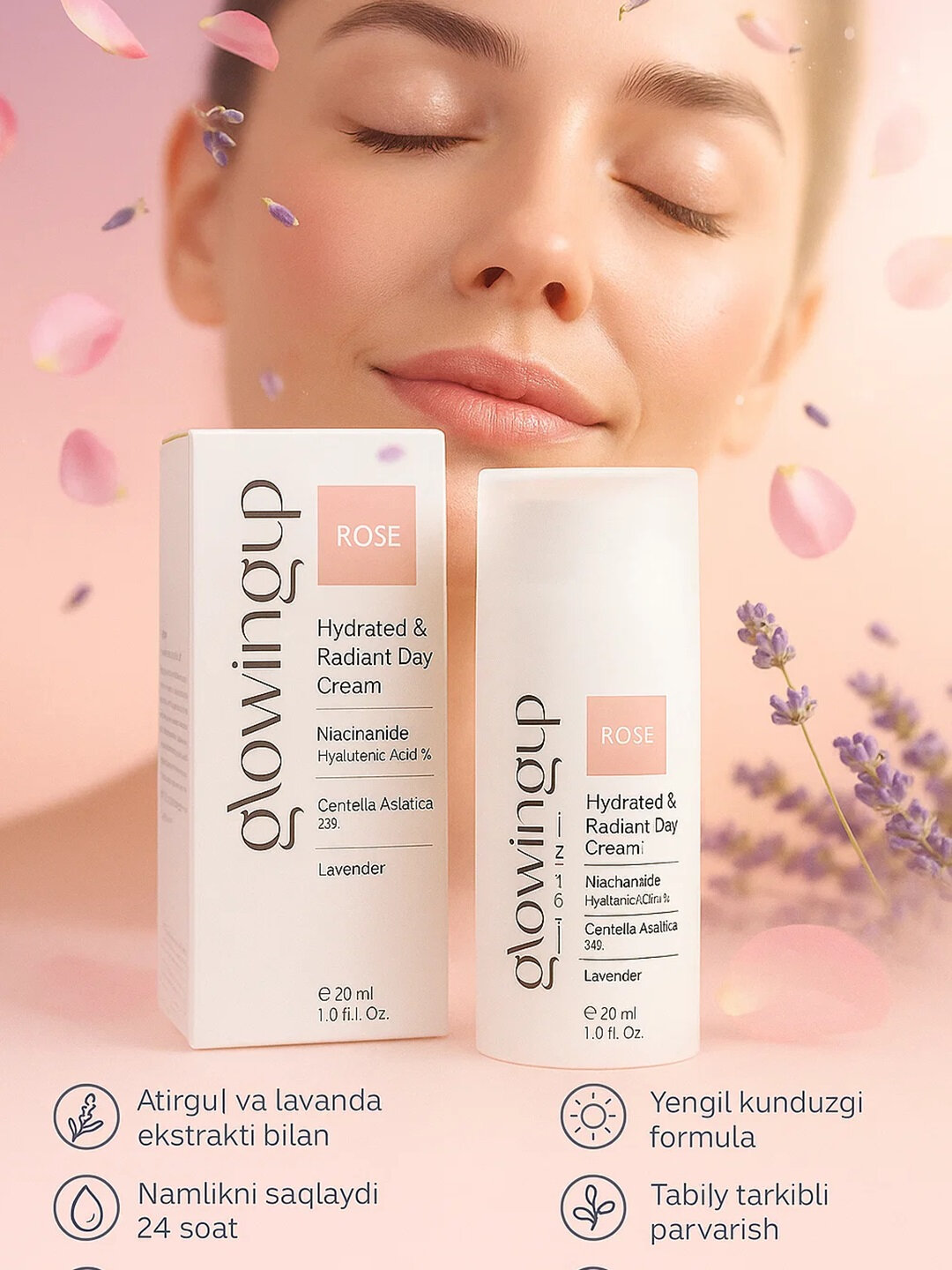 GLOWINGUP Дневной крем, 50 мл с лавандой и гиалуроновой кислотой – увлажняет, снижает морщины