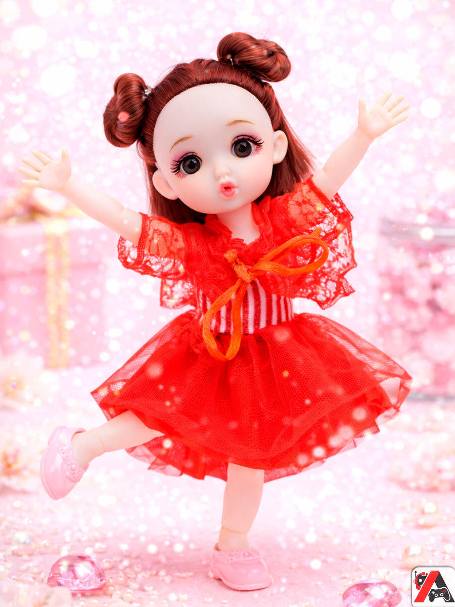 Шарнирная кукла Smile 16 см в красном платье, миникукла для девочки