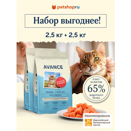 фото Avance holistic набор: сухой корм для взрослых кошек с чувствительным пищеварением с лососем и бурым рисом, 2 шт*2,5 кг, sensitive digestion salmon and brown rice, 5 кг