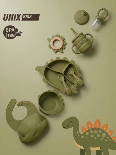 Изображение товара Набор детской посуды для кормления малыша 0+ UNIX Kids Dino / Дино силиконовый, 9в1 на присоске для детей, секционная тарелка, миска, нагрудник, кружка, поильник, 2 ложки, ниблер, прорезыватель