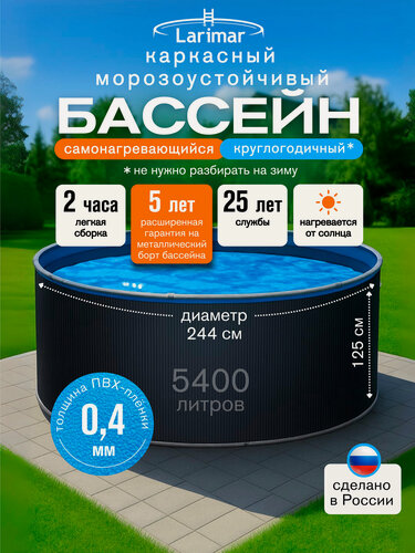 Изображение товара Бассейн каркасный LARIMAR: морозоустойчивый, круглый. 244 х 125 см. Цвет платина + Чашковый пакет толщиной 0,4 мм.