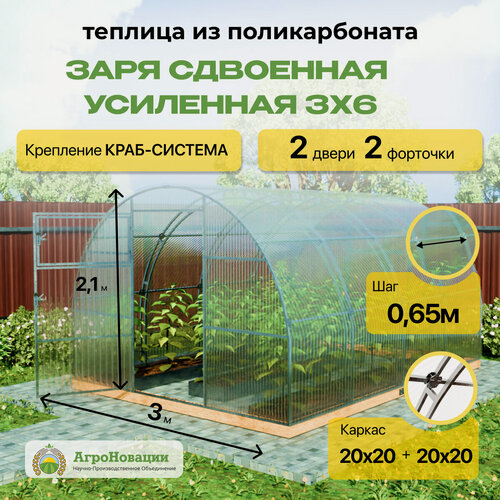 Изображение товара Теплица "Заря Сдвоенная Усиленная" 3х6, шаг 0,65м, с поликарбонатом 4мм. Оцинкованная двойная дуга 20х20+20х20.