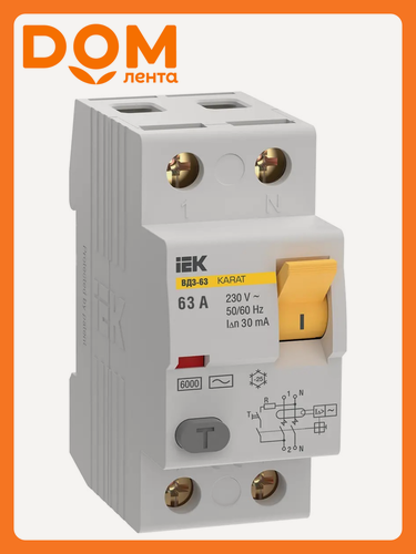 Изображение товара Выключатель дифференциального тока IEK KARAT, 2-полюсный, 63 A, 30mA, 6kA, тип AC