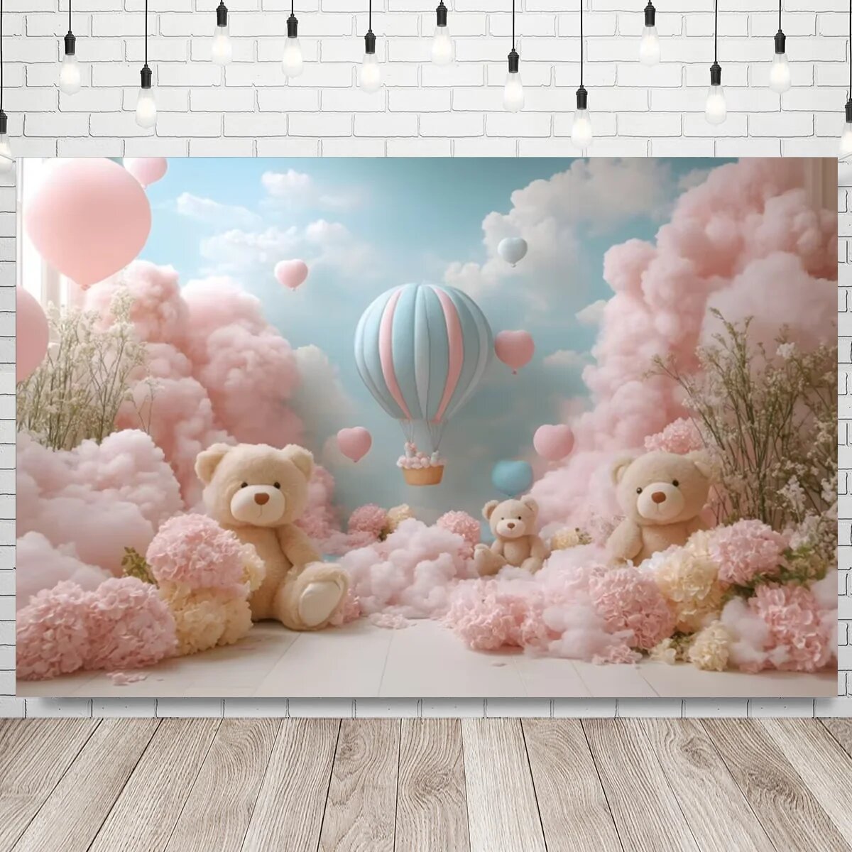 Фоно для фотосессии "Облака и медвежата", Розовый, 150x100cm, XA230-18