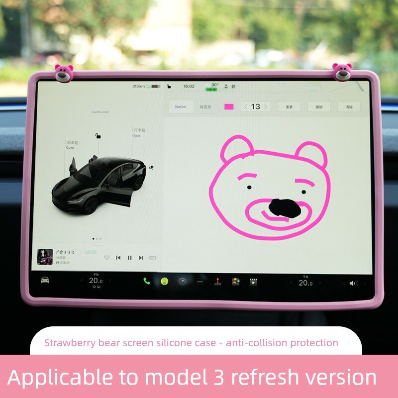 Силиконовый защитный чехол для экрана Tesla Model 3/Y/YL с рисунком клубничного медвежонка - прочный