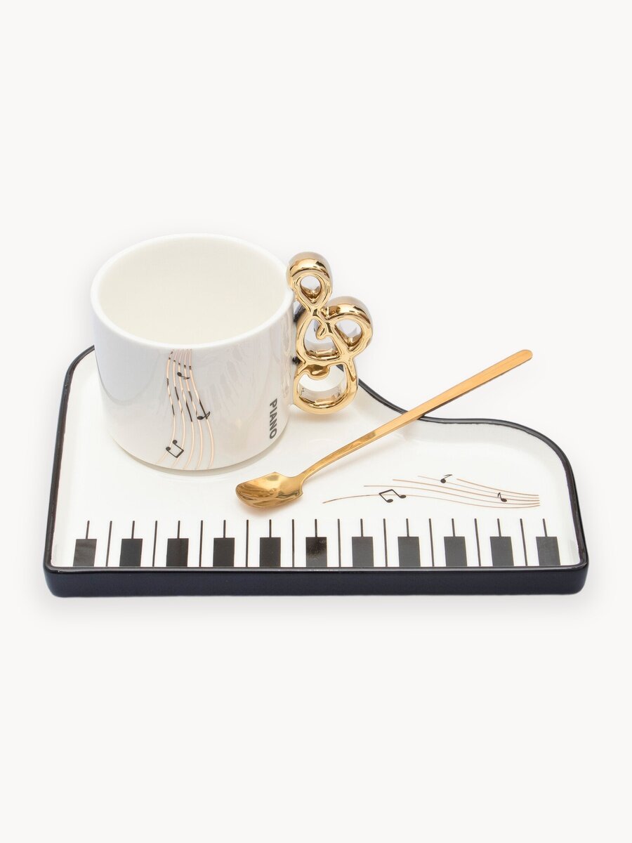 Кружка для чая с блюдцем Пианино 210 мл, с ложкой, фигурная, подарочный набор музыканту