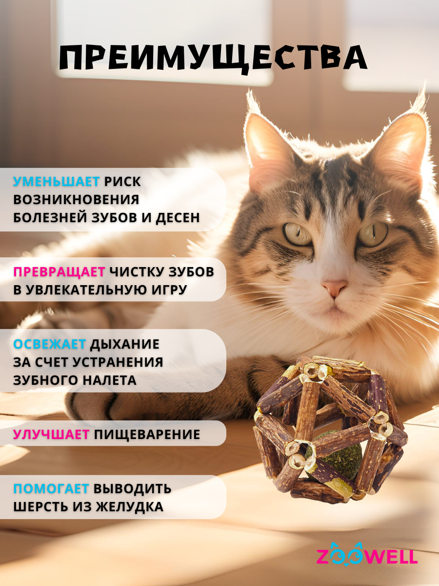 Игрушка для кошек ZooWell шар из палочек Мататаби Actinidia polygama для чистки зубов с кошачьей мятой 6см — фото 1