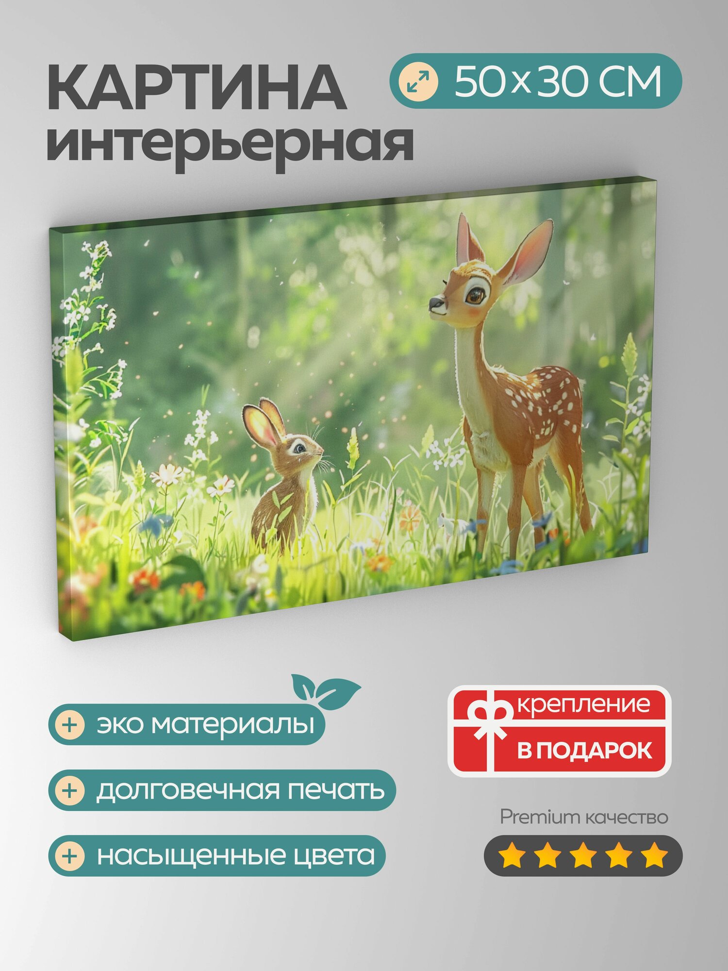Картина на холсте интерьерная 50х30 см, анимация, Дисней, олень, кролик, луг, трава, цветы, солнце, невинность