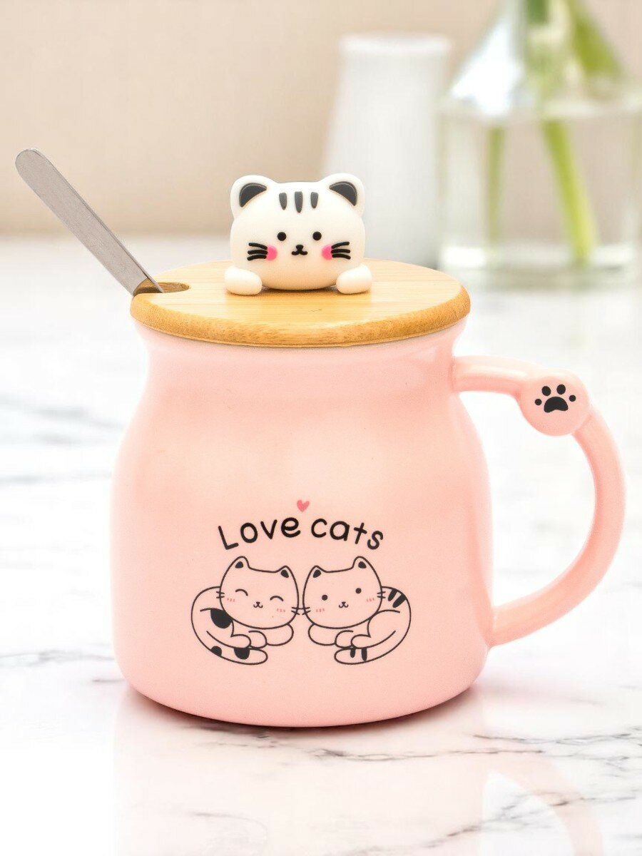 Кружка Милые котики на крышке Love Cats 340 мл, розовая, с ложкой, для чая и кофе, женская, подарочная