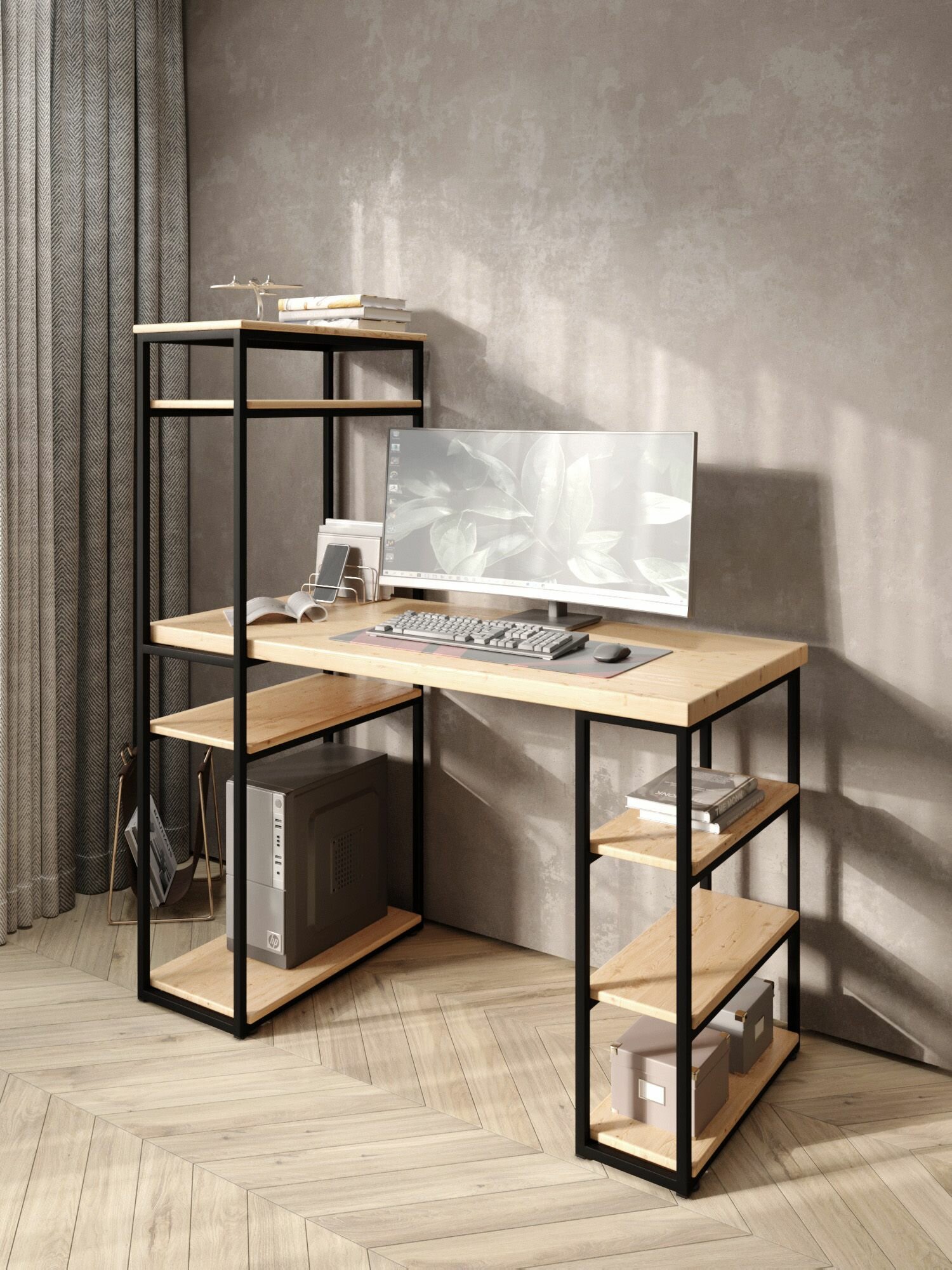 Стол стеллаж Loft письменный, компьютерный с полками и открытой тумбой, 110х60 см, без шлифовки и покраски с черным каркасом — фото 1