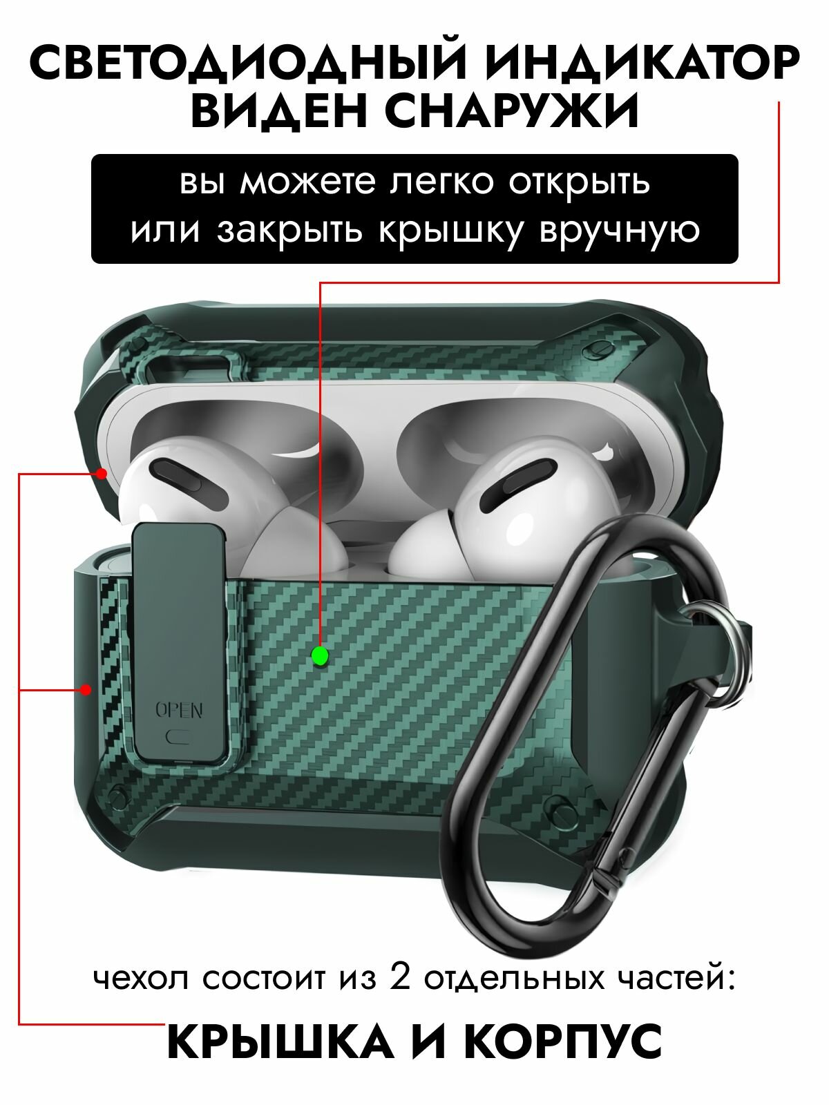 Чехол для Airpods Pro/Airpods Pro2 противоударный, зеленый, усиленный карбоном — фото 1