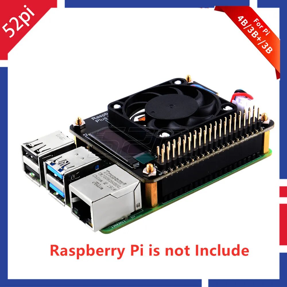 Плата расширения вентилятора 52Pi Raspberry Pi Plus 0,91 OLED V1.0, совместима с Raspberry Pi 4B/3B +/3B/2B