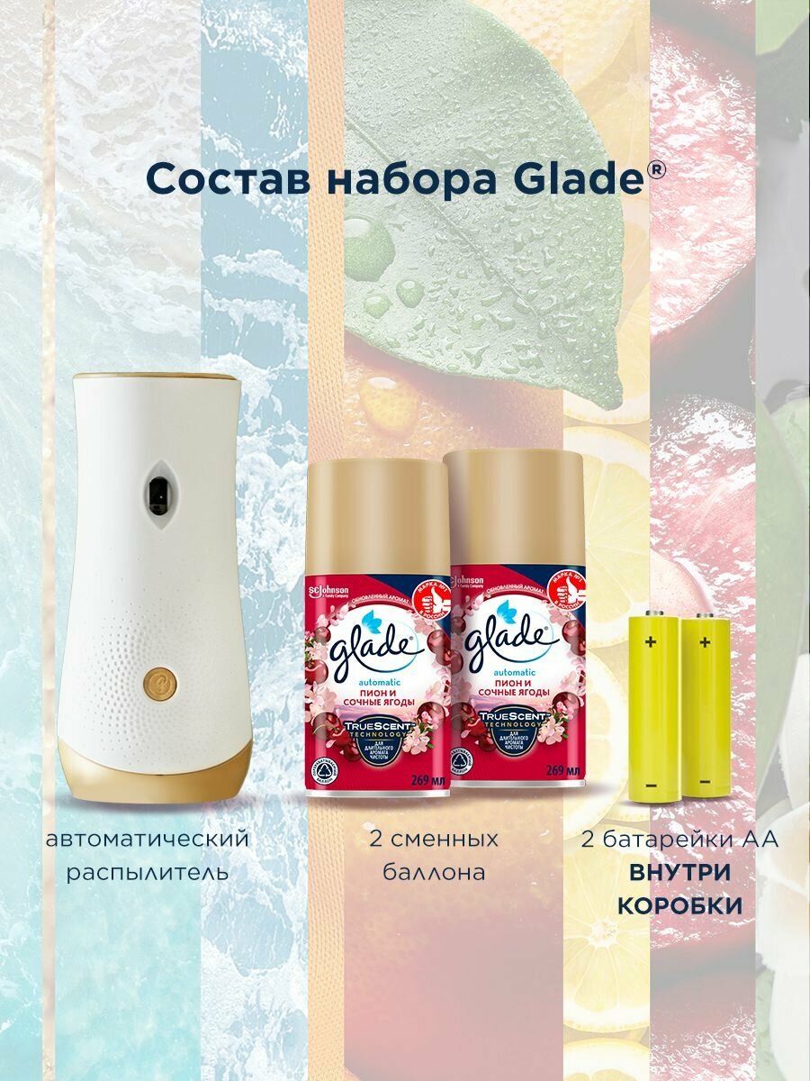 Освежитель воздуха Glade Automatic "Пион и сочные ягоды", комплект с 2 сменными баллонами 269 мл — фото 1