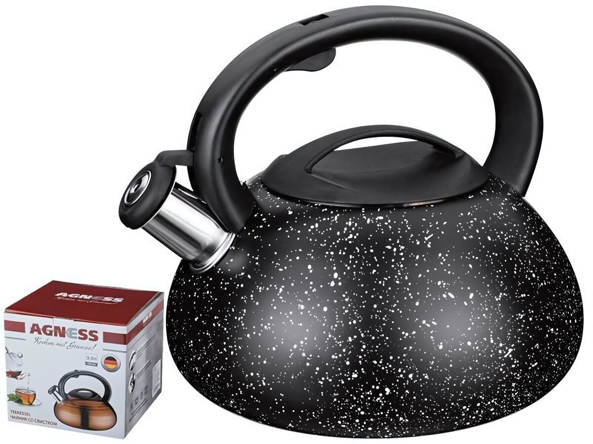 Чайник 3л из нержавеющей стали со свистком черный мрамор удобная ручка