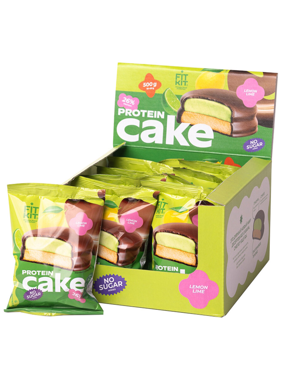 Протеиновое пирожное печенье без сахара FIT KIT Protein Cake - 10х50 г лимон-лайм