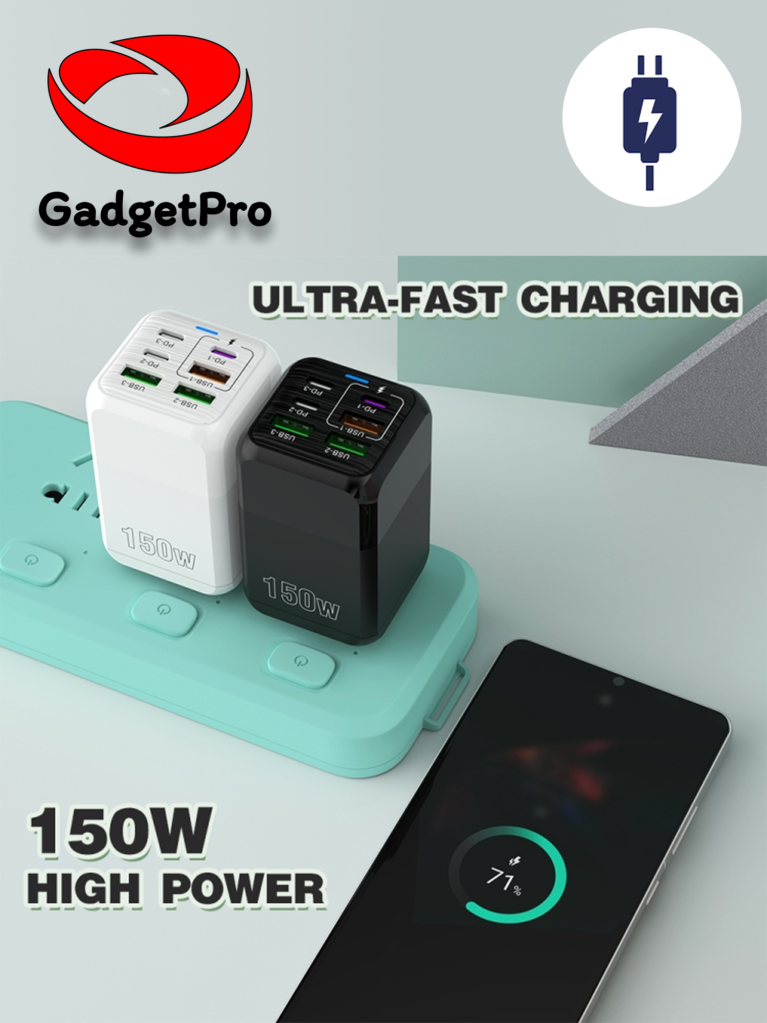 Сетевое зарядное устройство ADC PD006, 150 Вт, 6 портов (4×USB-A, 2×USB-C), быстрая зарядка PD/QC 4.0, защита, чёрное