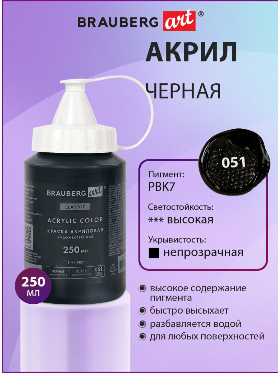 Краска акриловая художественная BRAUBERG ART CLASSIC флакон 250 мл черная 191706