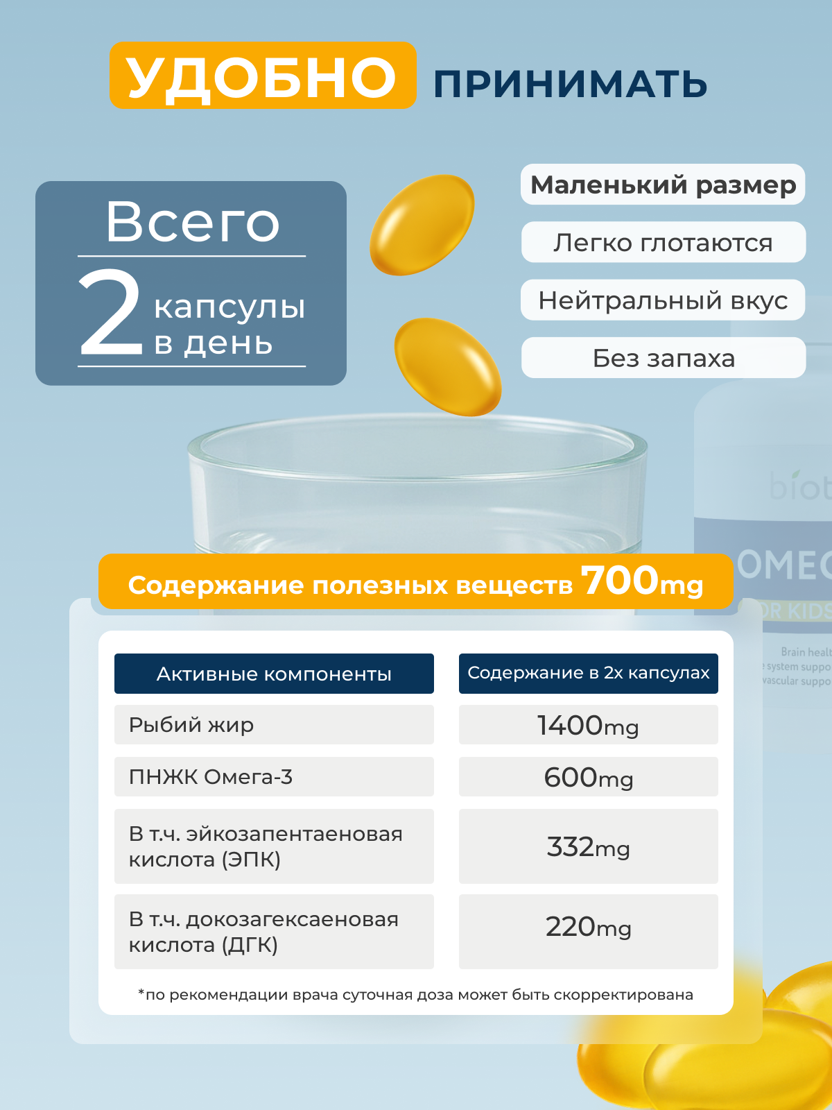 Омега-3 Biotte рыбий жир 700 мг 90 капсул для детей и взрослых. Omega 3 fish oil for kids — фото 1