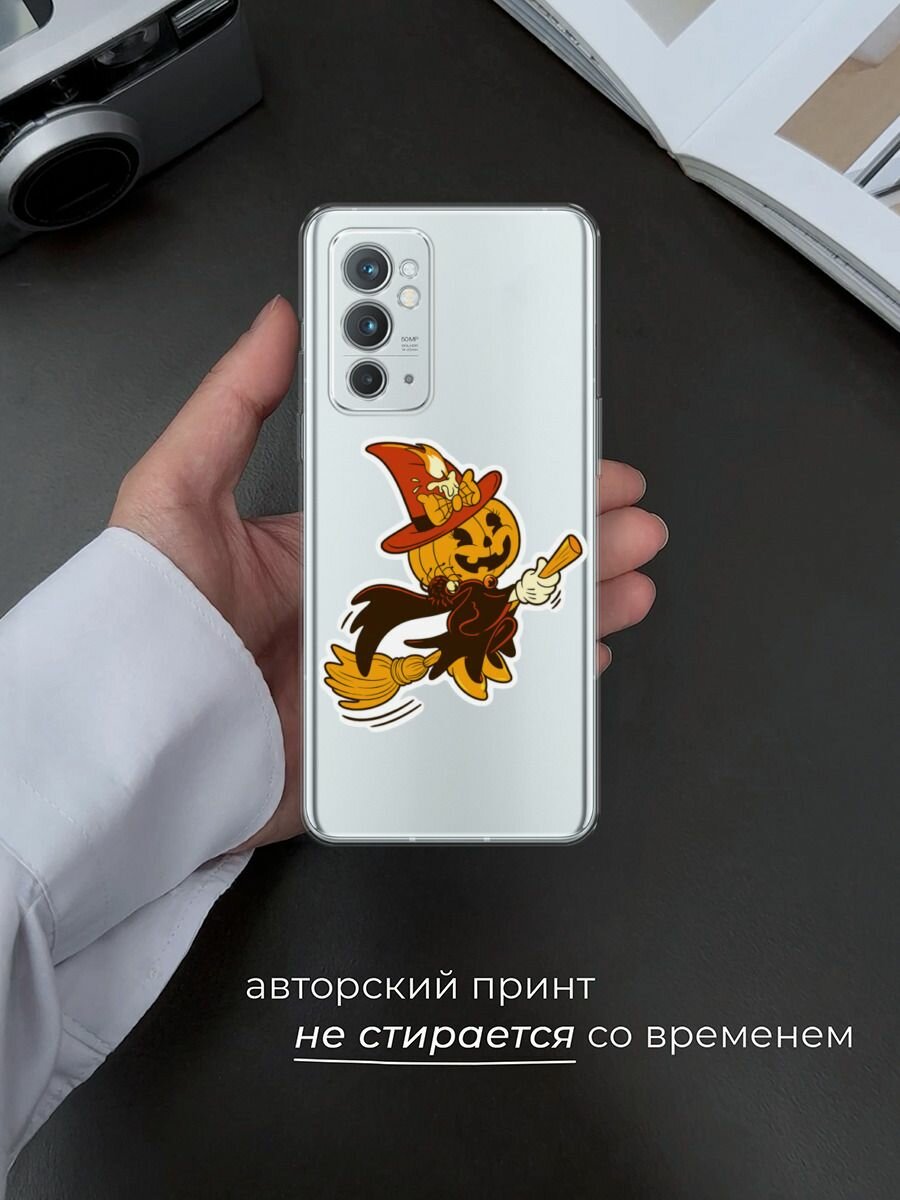 Чехол на OnePlus 9RT / ВанПлас 9RT с принтом "Тыква на метле", прозрачный — фото 1