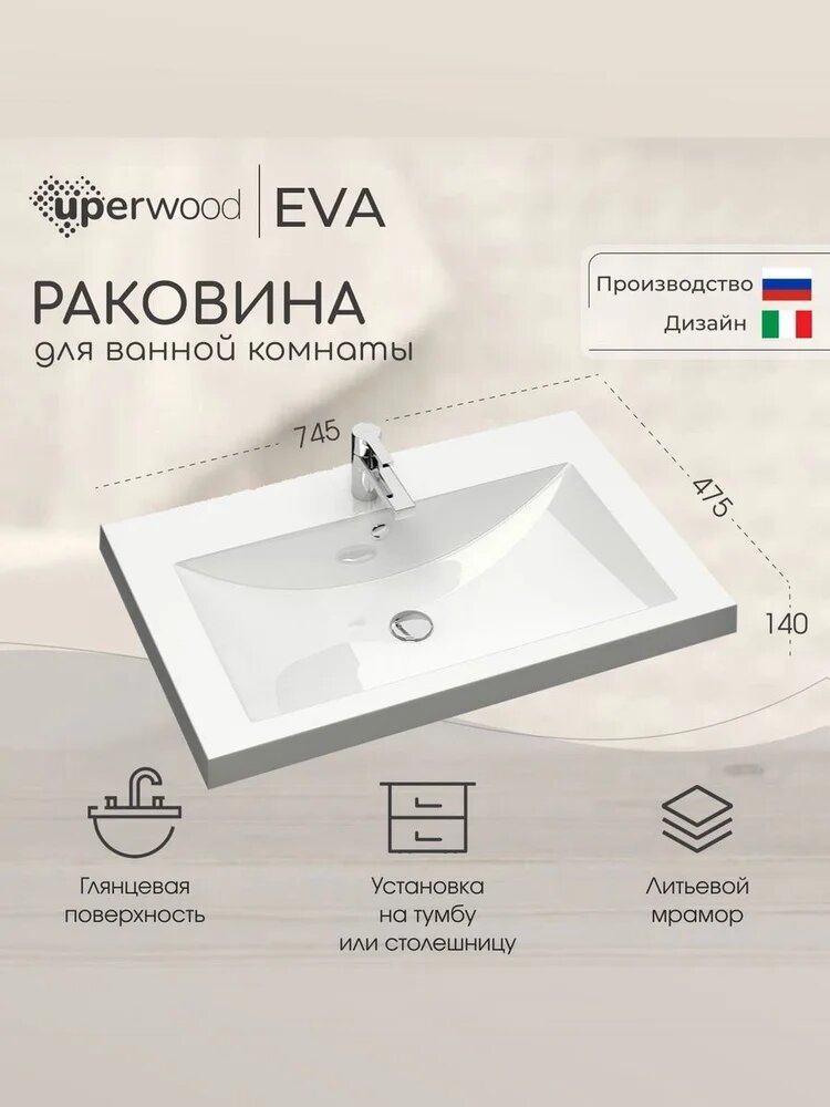 Мебельная раковина Uperwood Eva 75 накладная, из литьевого мрамора, со встроенным сливом-переливом, белая, глянцевая, раковина для ванной, прямоугольная