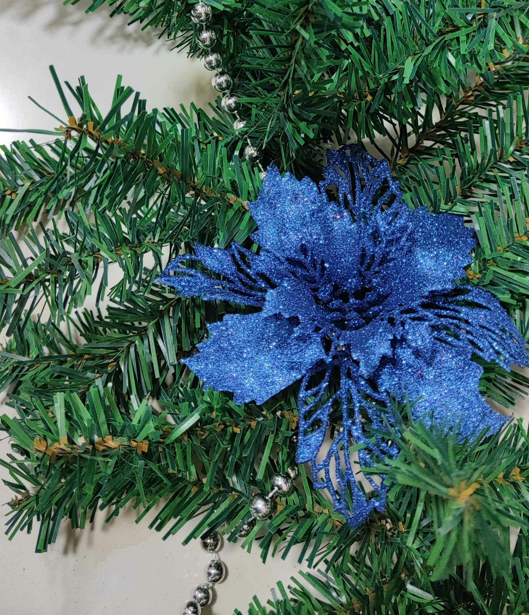 Украшение елочное, цветок Пуансеттия ажурная с блестками, 15 см синий