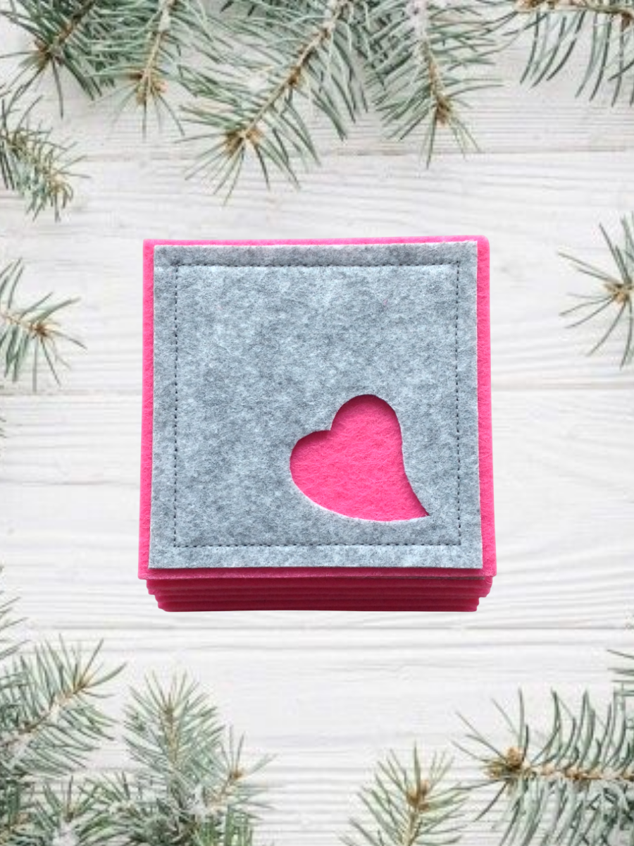 Подставки под бокалы, кружки, плейсматы на стол "Сердца", салфетки сервировочные, бирдекели, набор 6 шт, фетр