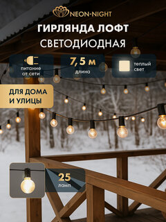 Изображение товара Гирлянда уличная NEON-NIGHT Лофт 7,5 м, 25 прозрачных ламп, тепло-белое свечение, IP44