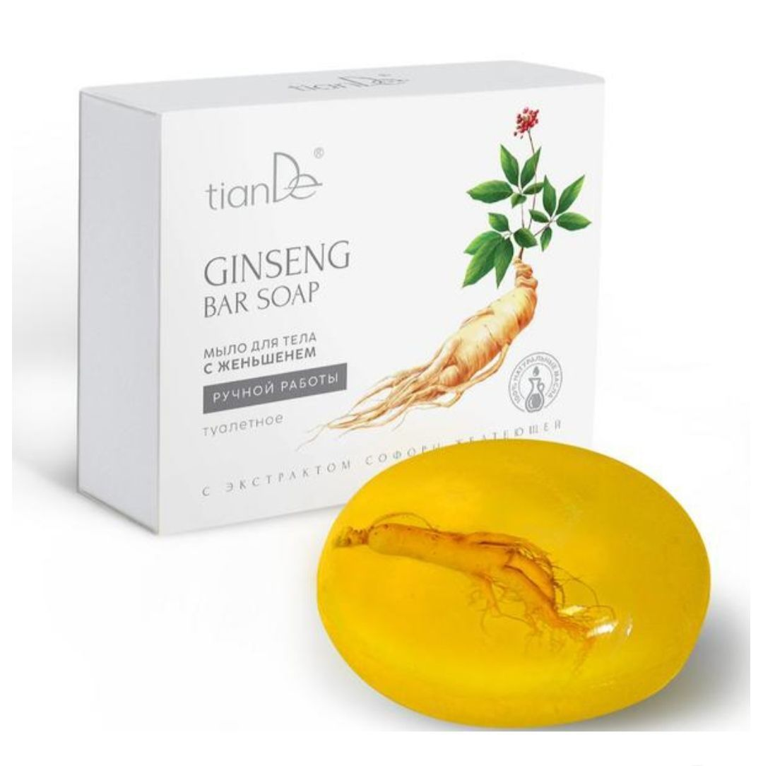 Мыло ручной работы, для тела, с натуральным корнем женьшеня внутри, туалетное, 100 г Мешочек-сетка в комплекте.