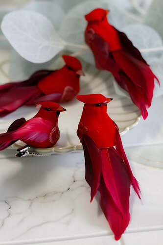 Изображение товара Набор ёлочных игрушек кардиналы - задорные хохолки на клипсе, перо, 11 см, 4 шт, Winter Deco 1000372