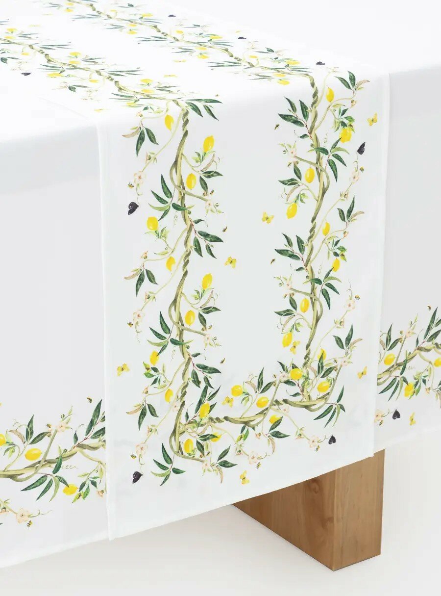 Дорожка настольная, 40✕160 см, полиэстер, белая, Лимоны на ветках, Lemon branch (Anna Lafarg)