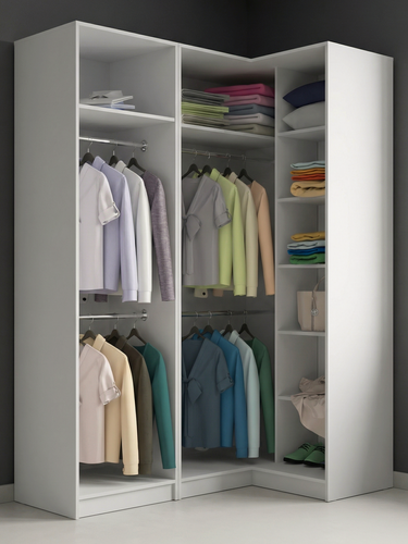 Изображение товара Открытый гардеробный угловой шкаф Макс-15 с 4 штангами для вешалок и 8 полками, ШхГхВ: 160х100х210 см, белый