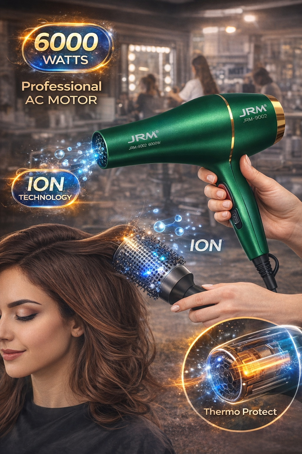 Фен (пневматический фен) JRM Styler JRM-9002, 6000 Вт, ионный, двигатель переменного тока, профессиональный, зеленый