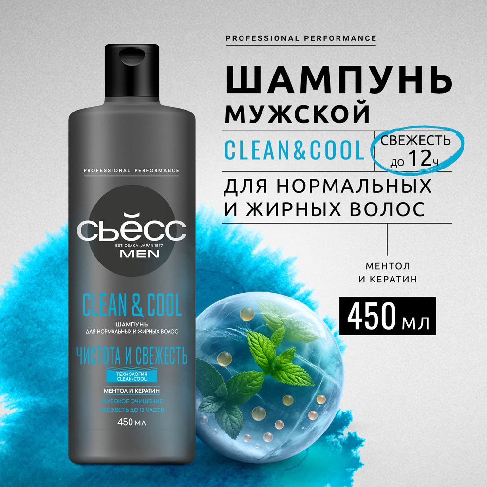 Шампунь мужской Сьесс Clean&Cool, для нормальных и жирных волос, 450 мл