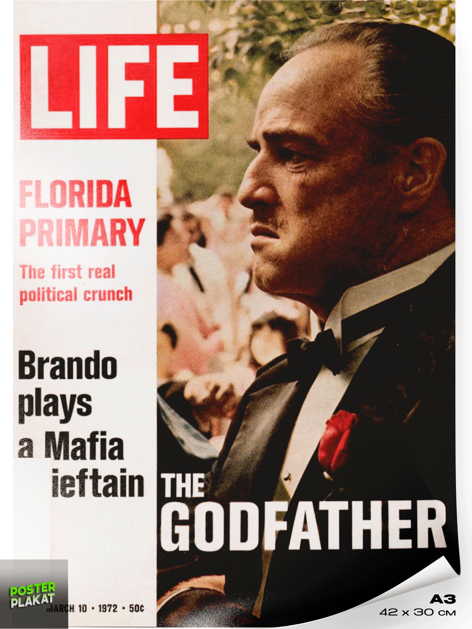 Постер LIFE, Марлон Брандо (Marlon Brando) в фильме Крёстный отец , винтажный плакат на стену для интерьера, для дома и офиса, А3 (420х297 мм), ПП
