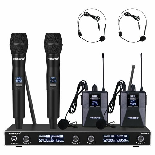 4-канальная беспроводная микрофонная система UHF с 2 поясными микрофонами и 2 ручными микрофонами FB-U400H2 11017₽