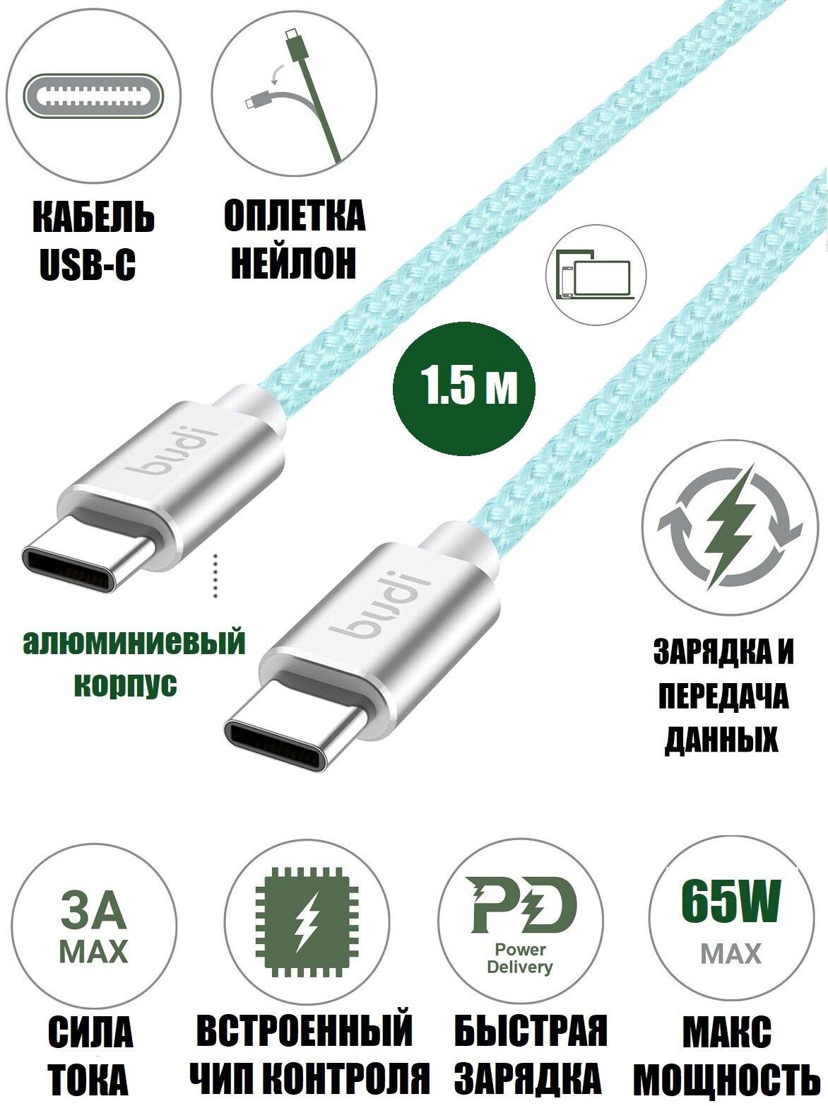 Кабель 1.5 м USB-С с быстрой зарядкой PD 65 Вт 3А нейлон мятный