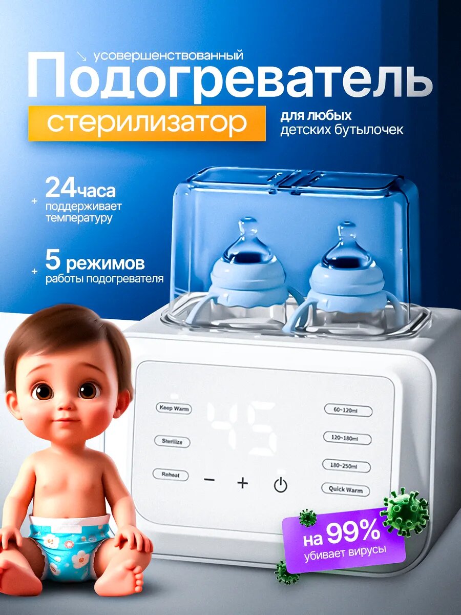 Электрический подогреватель стерилизатор для детского питания на 2 бутылочки.