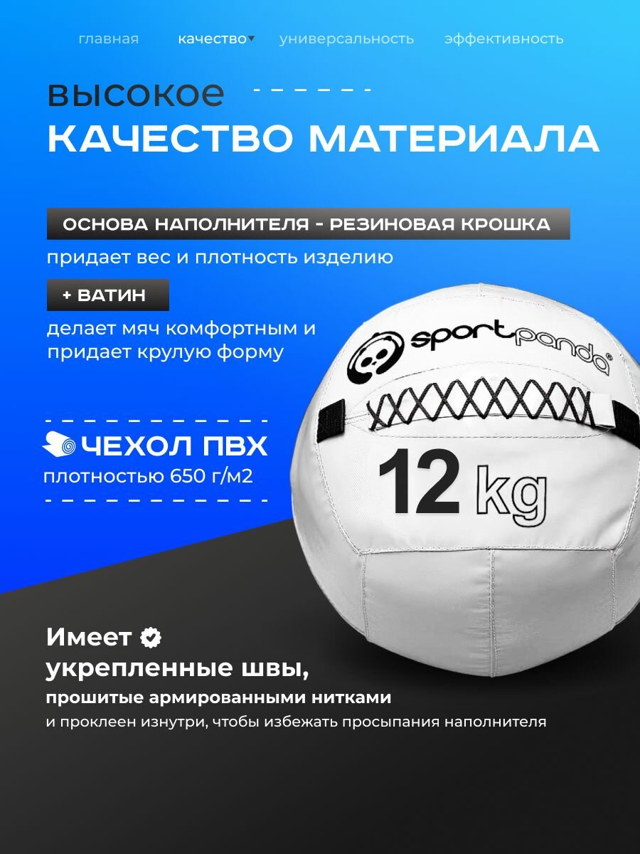 Медбол SportPanda, ПВХ, диаметр 38 см, 12 кг, армированные швы — фото 1