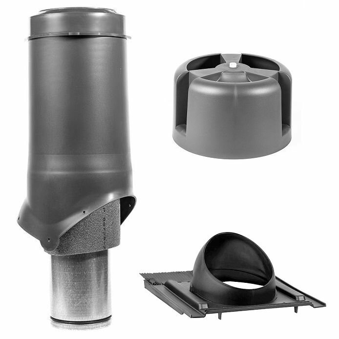Выход вентиляционный, комплект 125 мм h-500 утеплённый Krovent, серый (RAL 7024), труба вытяжная на крышу с грибком и проходным элементом для натуральной черепицы
