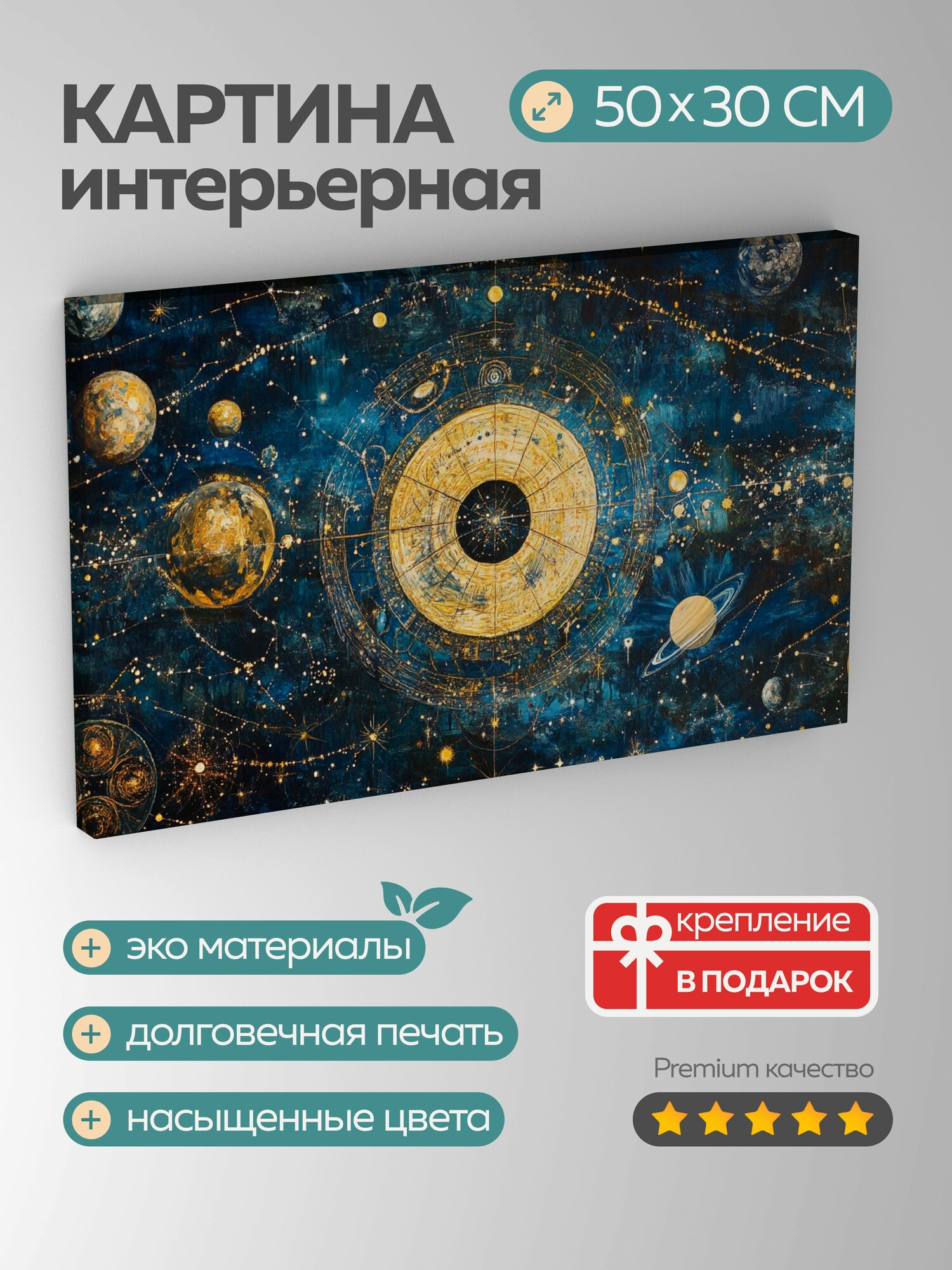 Картина на холсте интерьерная 50х30 см картина масло астрология звездные созвездия планеты темный фон мистика