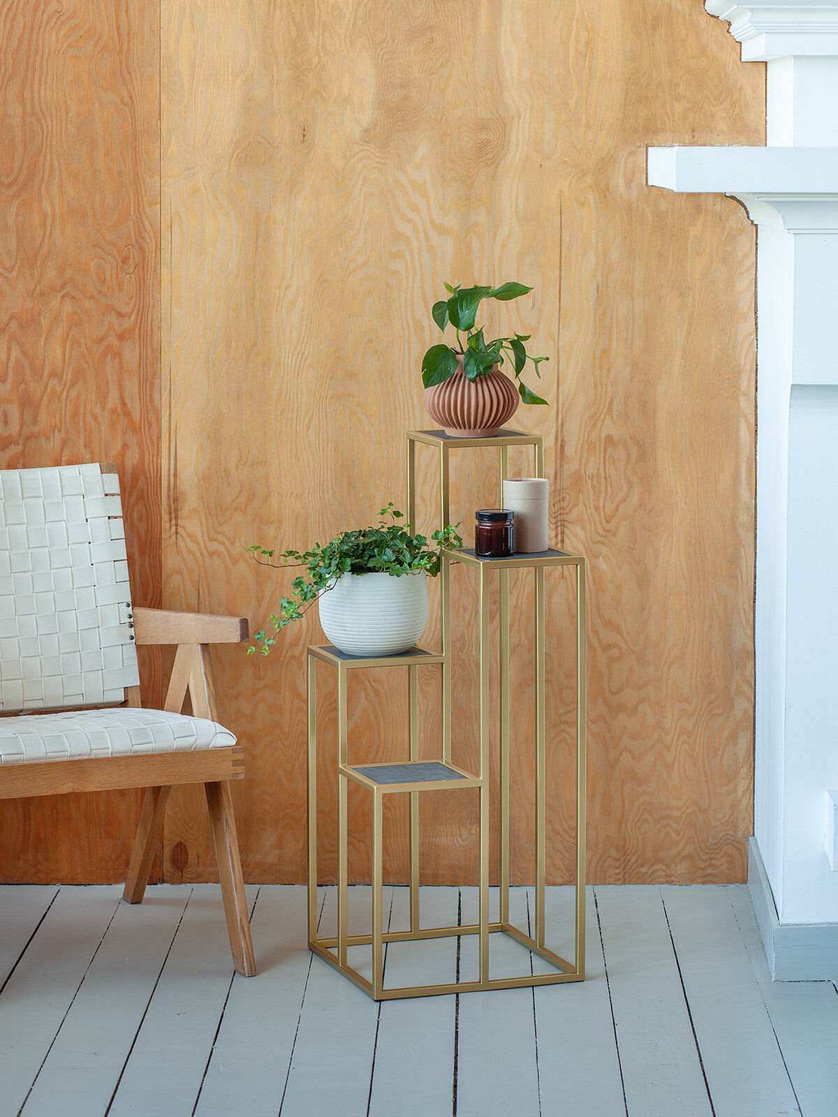 Столик подставка под 4 кашпо для цветов GreenWeen TORI, золотой, столешницы керамика Antracite, 40х40х100 см.