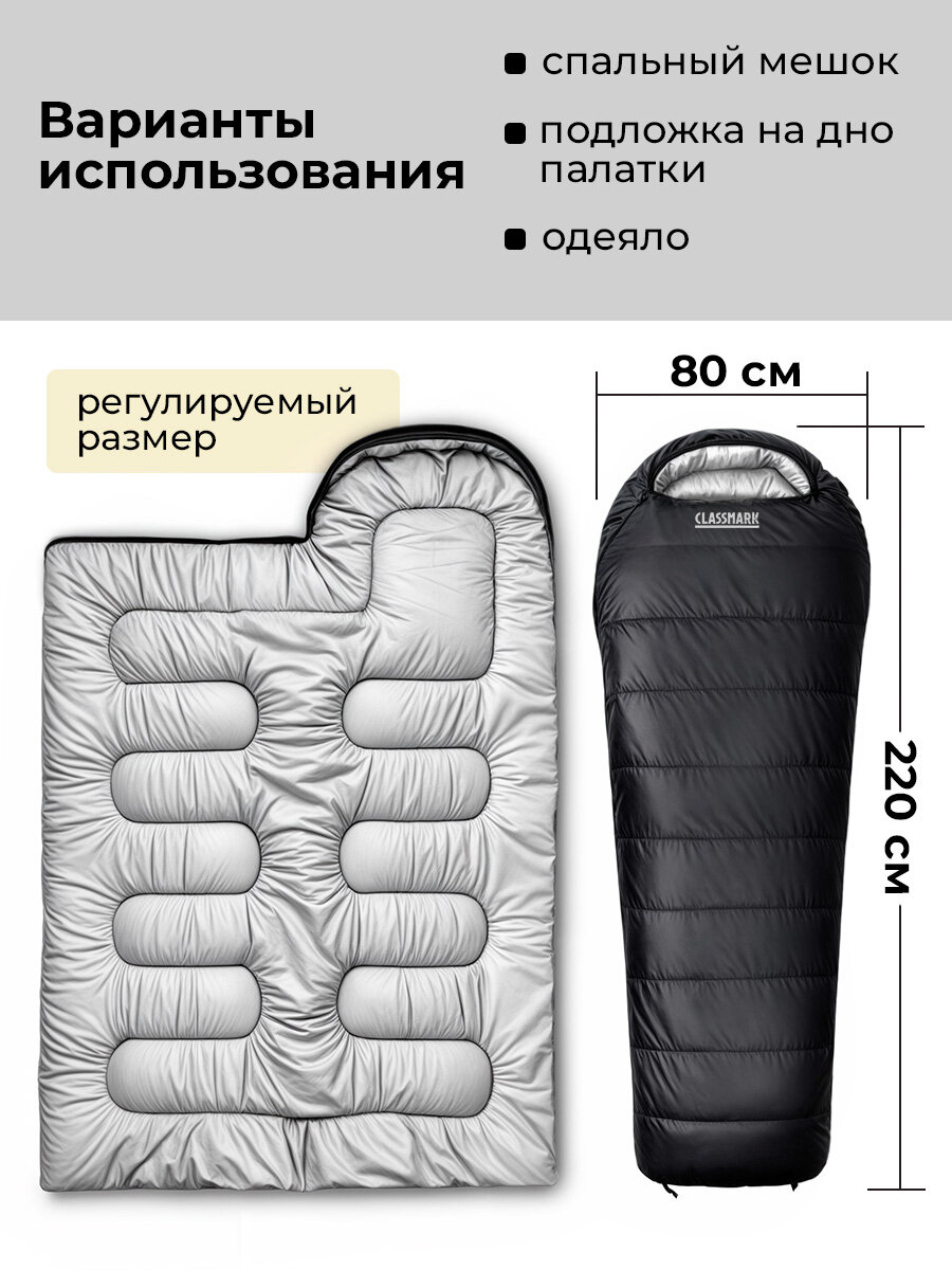 Спальный мешок туристический Classmark спальник для сна, кокон, зимний, с капюшоном, максимальный рост 210 см, 2 слоя наполнителя, левая сторона состегивания — фото 1