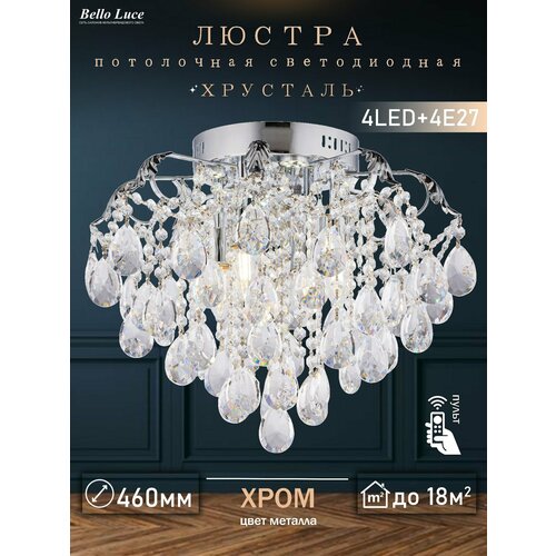 фото Люстра хрустальная потолочная с подсветкой с пультом круглая хром с прозрачными хрустальными подвесками на 4led модулей + 4 e27 rilon