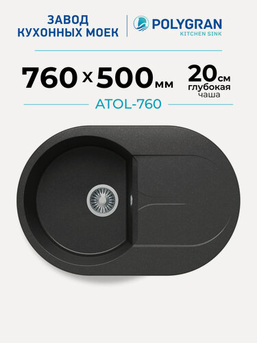 Изображение товара Мойка для кухни каменная POLYGRAN ATOL-760, Черная, Врезная, Круглая, С крылом (Черный №16)