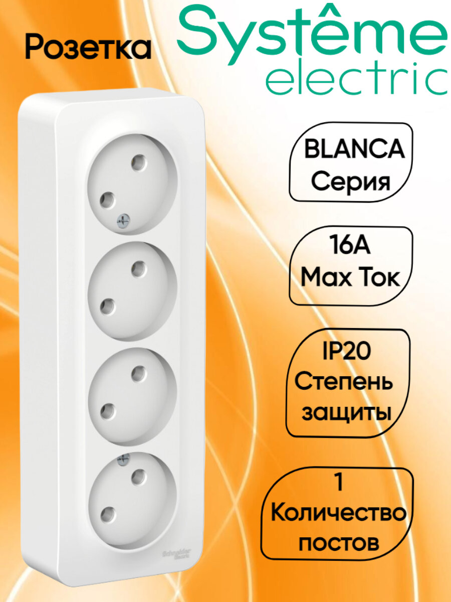 Blanca Розетка четырёхместная без заземления открытой установки с изолирующей пластиной 16А, цвет белый