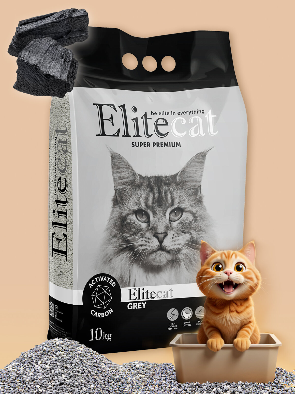 Наполнитель для кошачьего туалета комкующийся Elitecat с активированным углем 11.4л / 10кг